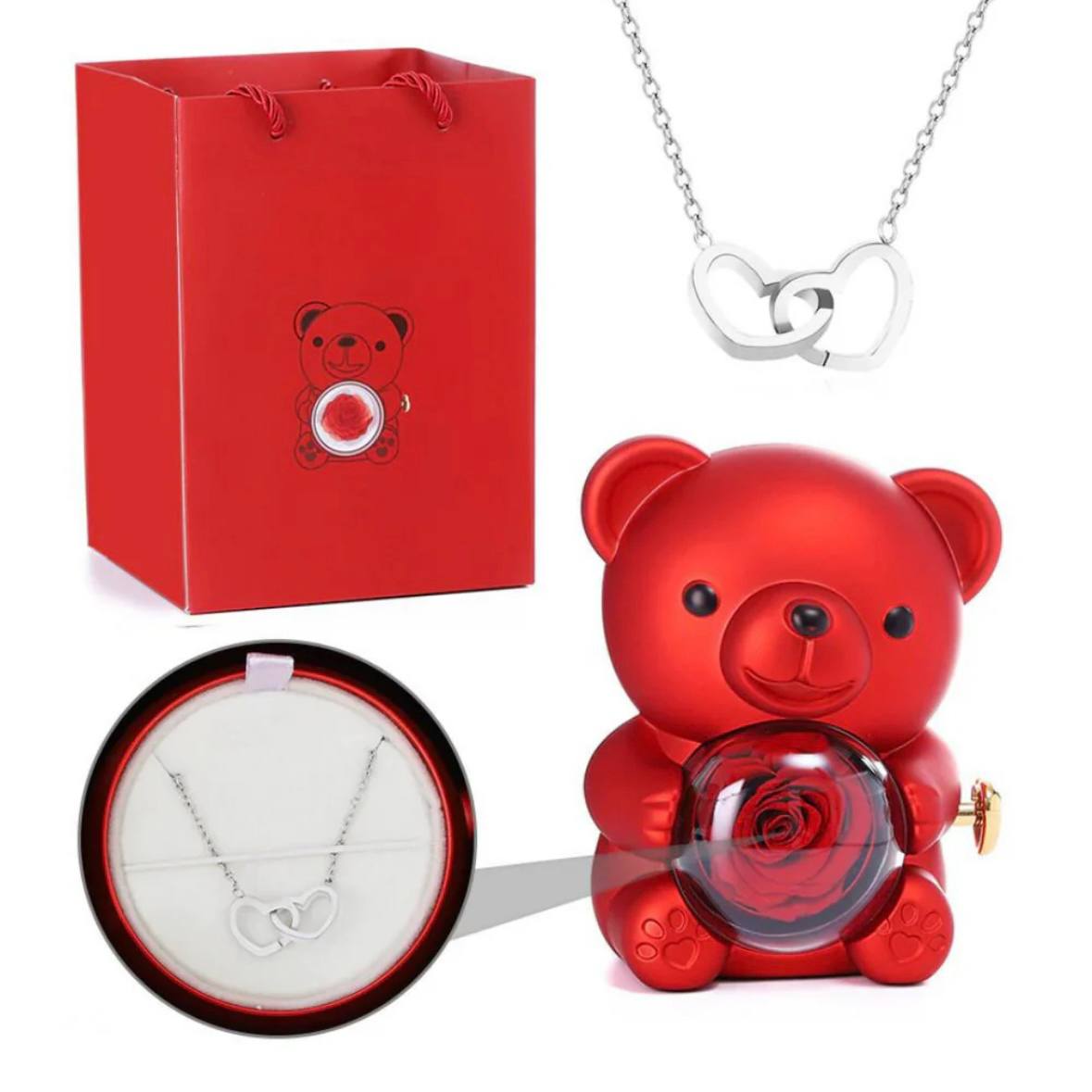 דובון ורד נצחי עם תליון חרוט