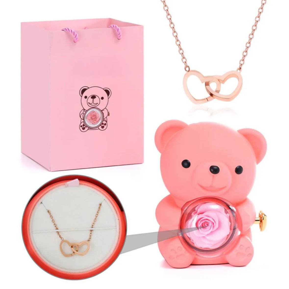 דובון ורד נצחי עם תליון חרוט