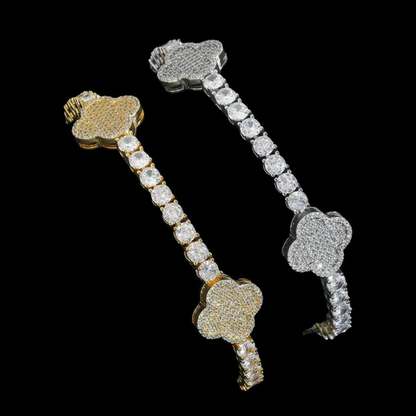 צמיד טניס תלתן משובץ - זהב לבן 