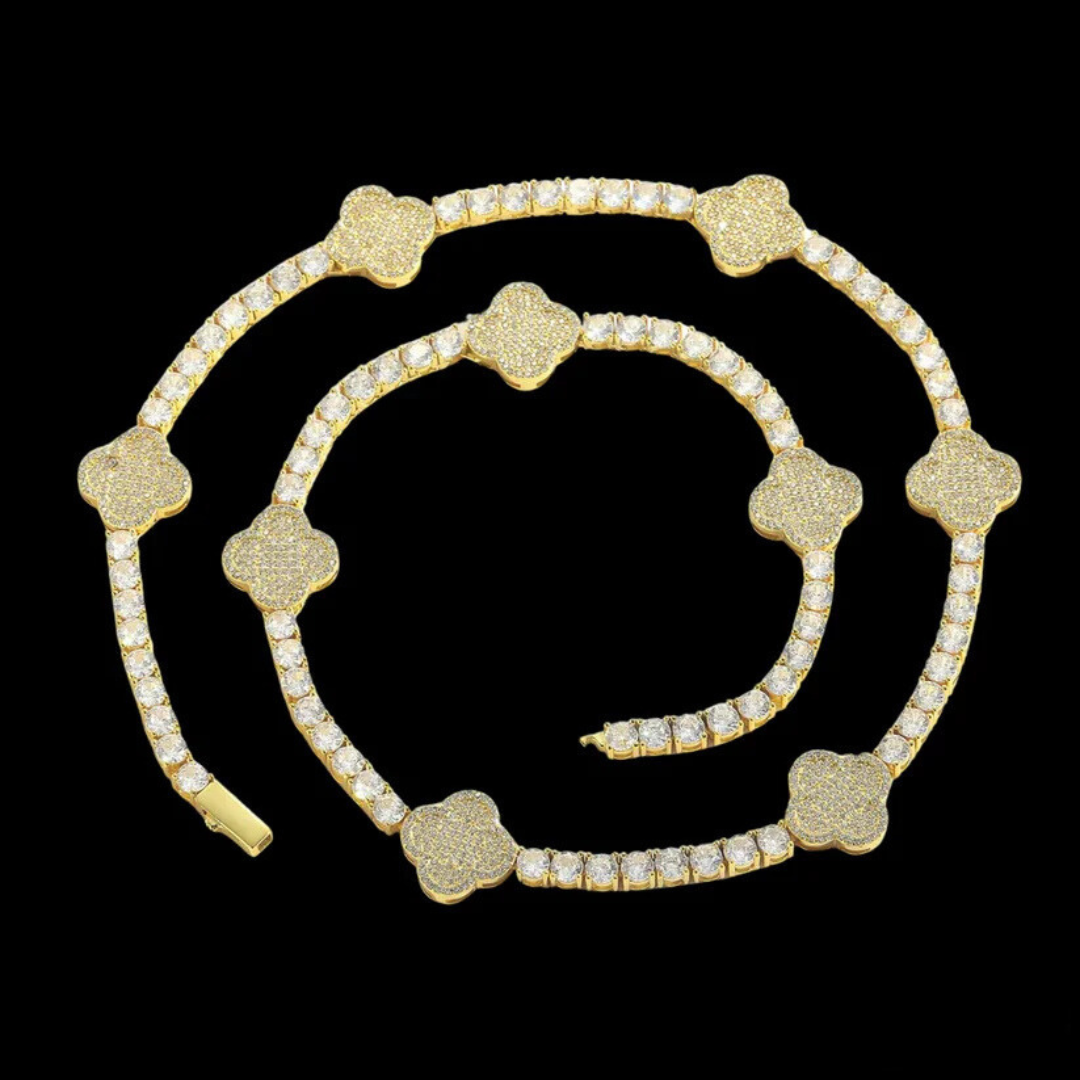 שרשרת טניס תלתן משובץ - זהב לבן