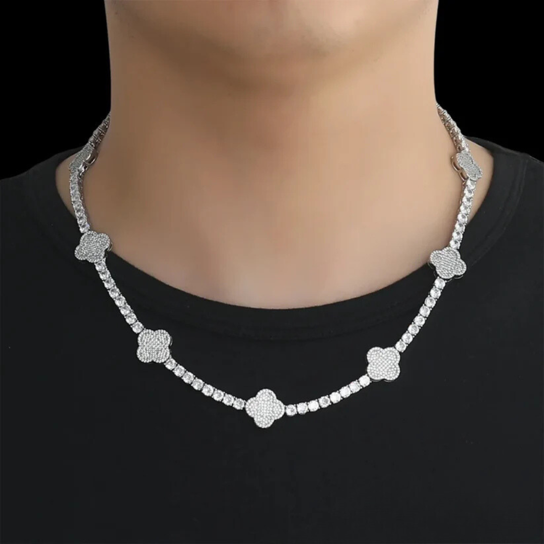 שרשרת טניס תלתן משובץ - זהב לבן