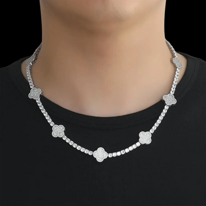 שרשרת טניס תלתן משובץ - זהב לבן