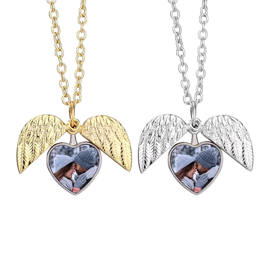 תליון זוגי לב עם כנפי מלאך ותמונה בהתאמה אישית