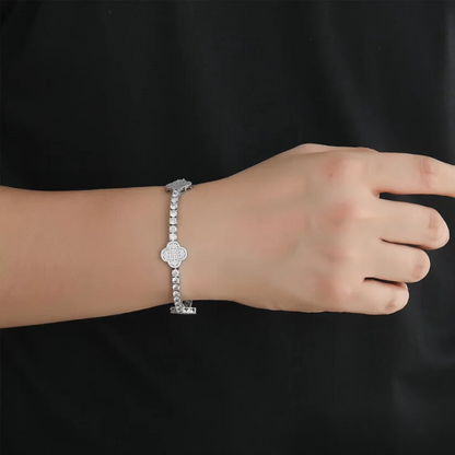 צמיד טניס תלתן משובץ - זהב לבן 