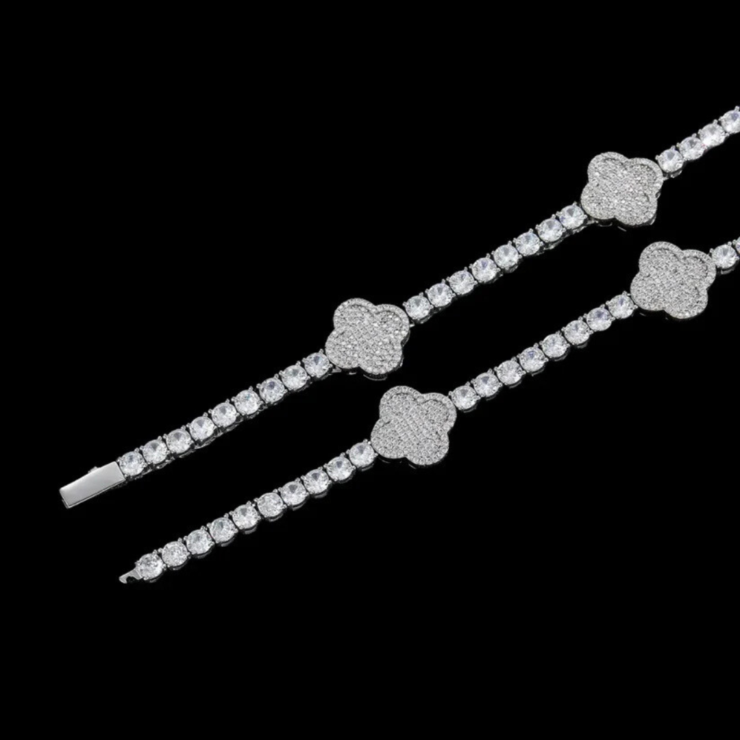 צמיד טניס תלתן משובץ - זהב לבן 